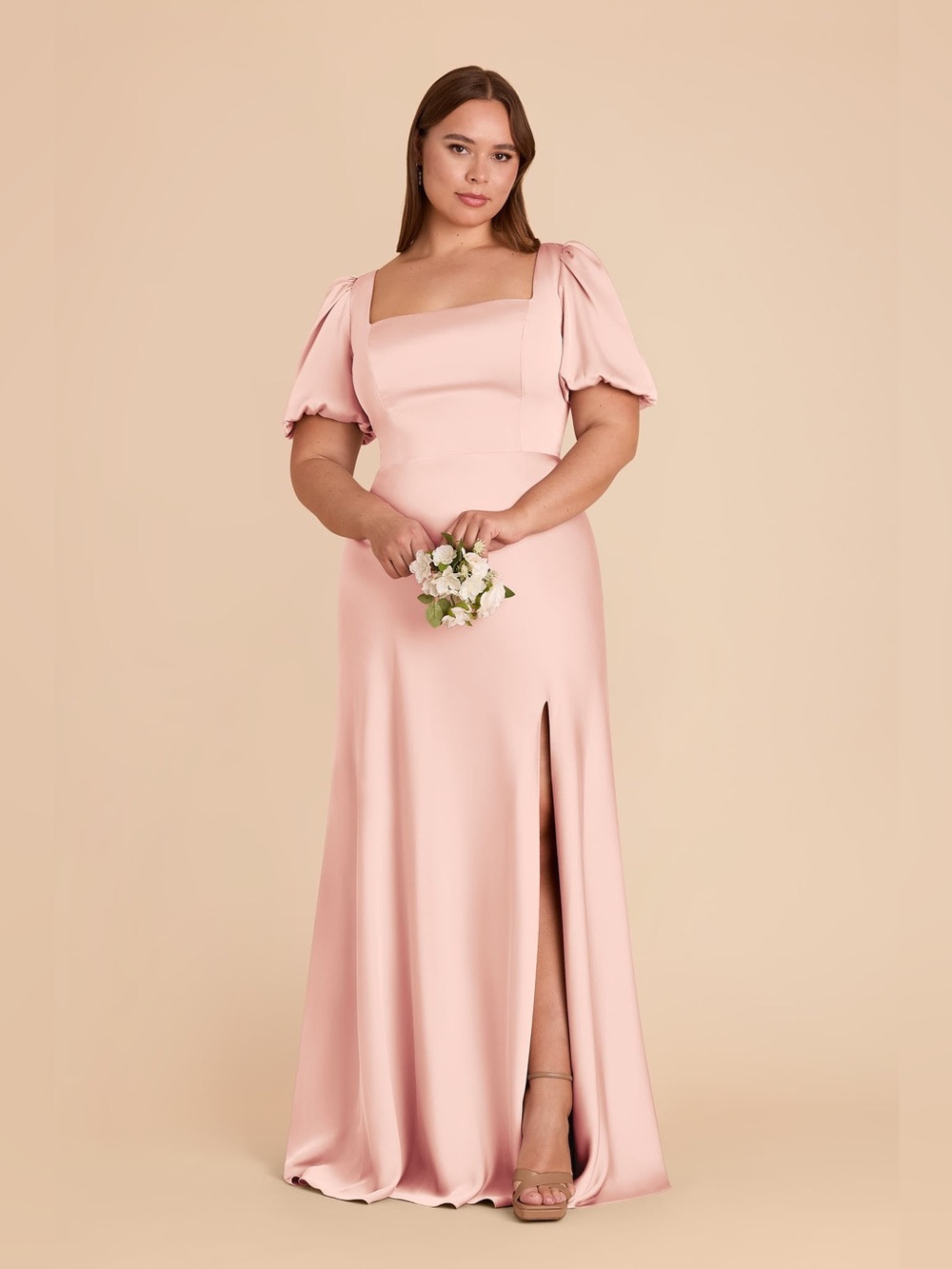 Birdy grey Elegant Square-Neck Pink Maxi Dress with Puff Sleeves